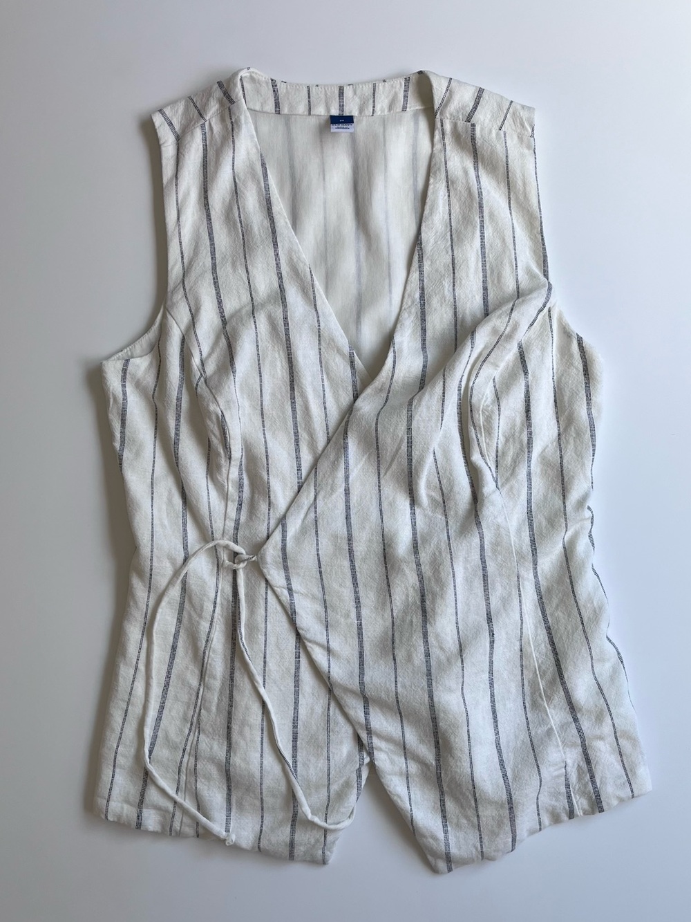 Striped Sleeveless Wrap Linen Top - Off-White with Black Stripes